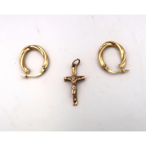 59 - A marked 9ct gold crucifix, and a pair of marked 9ct earrings stamped 375. 2.5grams