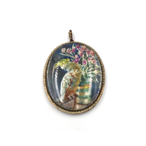 592 - Margaret Frobisher, painting on silk of a Parrot, in oval yellow metal frame