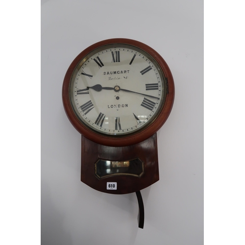 610 - A 19th Century drop dial wall clock with painted dial, mahogany case and single fusee movement, with... 