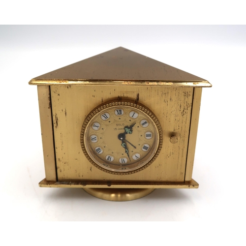 611 - A mid 20th century French three sided desk clock, with barometer and thermometer, working in saleroo... 