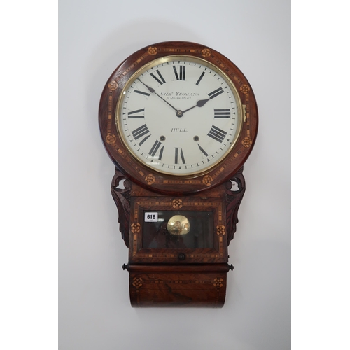 616 - An 8 day walnut and crossbanded drop dial wall clock, the painted dial signed Chas Yeoman, Hull