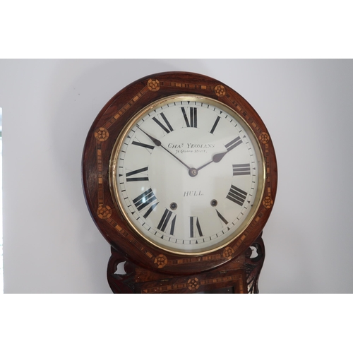 616 - An 8 day walnut and crossbanded drop dial wall clock, the painted dial signed Chas Yeoman, Hull