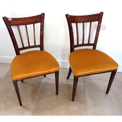 630 - A pair of Dutch marquetry inlaid side chairs with beige upholstered overstuffed seats raised on squa... 