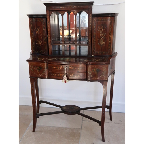 633 - A painted Edwardian Rosewood side cabinet, The attached top with mirror back flanked by two doors ov... 