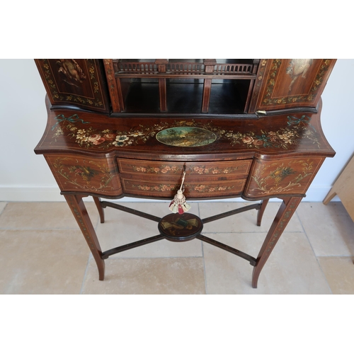 633 - A painted Edwardian Rosewood side cabinet, The attached top with mirror back flanked by two doors ov... 