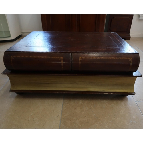 647 - Theodore Alexander, leather coffee table with two drawers in the form of 2 books, 104cm long x 44cm ... 