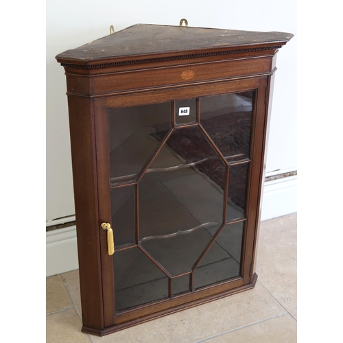 648 - A mahogany and inlaid Edwardian corner cupboard, 85cm high