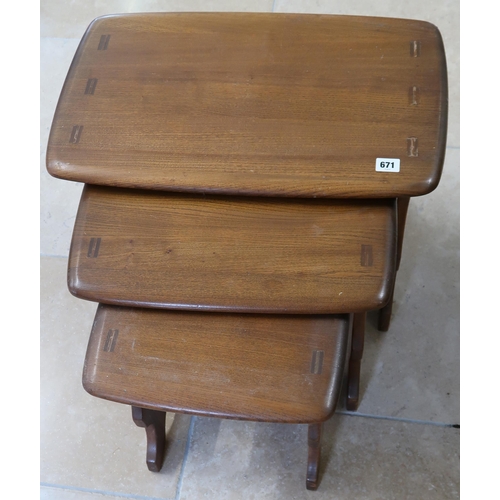 671 - Ercol Chantry solid Elm nest of three tables in dark finish. 57cm x 35cm x 42cm.