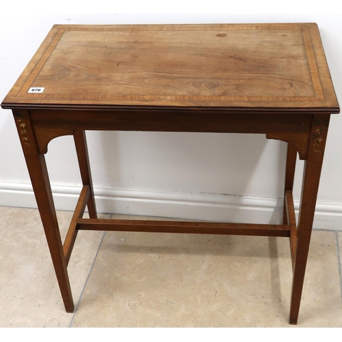 676 - A 19th Century mahogany and crossbanded side table raised on square tapering supports joined by X st... 