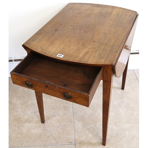 677 - A mahogany oval topped Pembroke table, drop flap with drawer to one end, raised on square tapering s... 