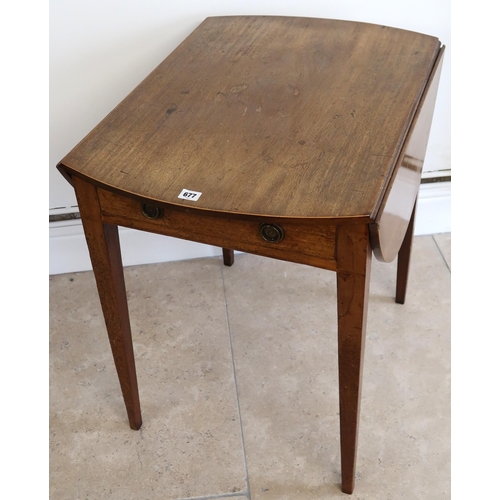 677 - A mahogany oval topped Pembroke table, drop flap with drawer to one end, raised on square tapering s... 