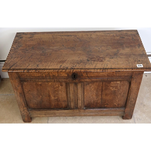 679 - A small 18th century oak coffer with candle box to interior raised on square supports. in good condi... 