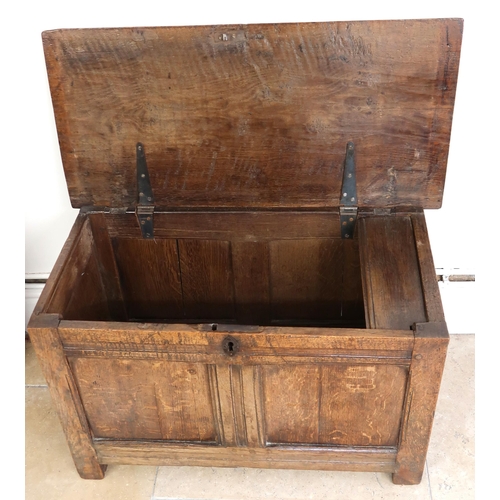 679 - A small 18th century oak coffer with candle box to interior raised on square supports. in good condi... 