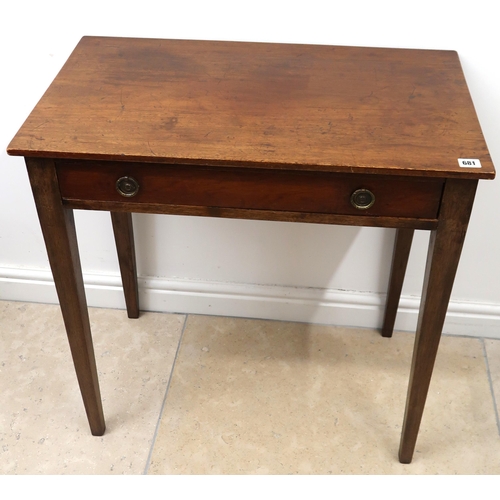 681 - A mahogany side table with single drawer raised on square tapering supports. 73cm x 43cm x75cm high.