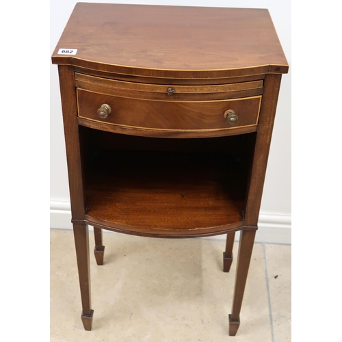 682 - A Mahogany and line inlaid bow fronted bedside table with brushing slide above single drawer over sh... 