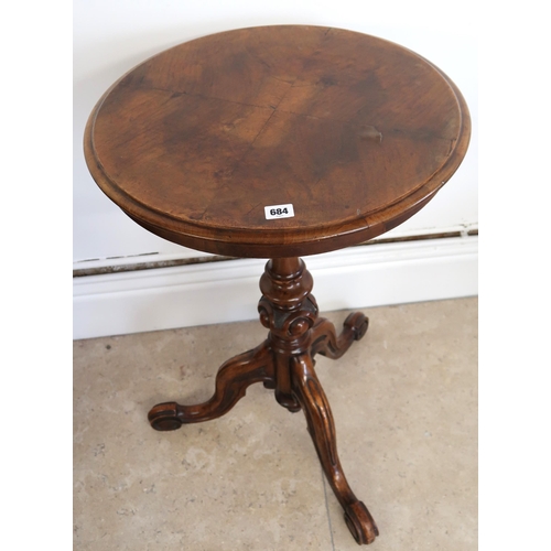 684 - A 19th century walnut quarter veneered side table, circular top over single pedestal terminating in ... 