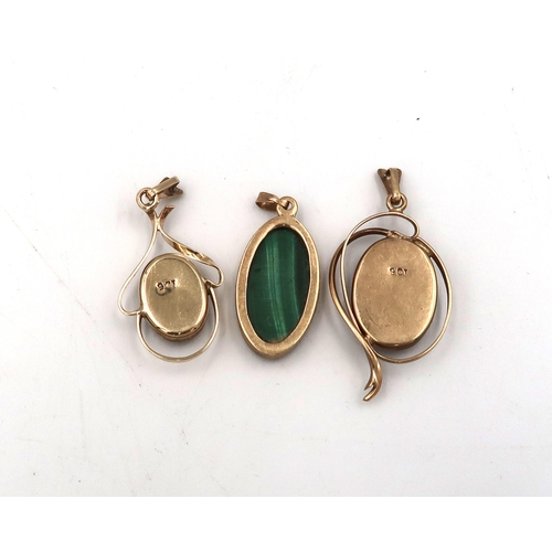 82 - Three stamped 9ct yellow gold pendants, total weight 9.3grams