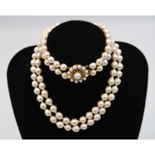 86 - A two row freshwater pearl necklace with cluster clasp stamped 9ct, bright lustre to pearls