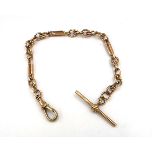 198 - A 9ct yellow gold watch chain with T bar and lobster claw clasp, approx 13.8 grams