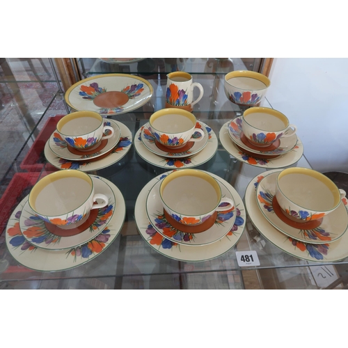 481 - Twenty one items of Clarice Cliff Bizarre Crocus pattern ceramics including six trios, large plate, ... 