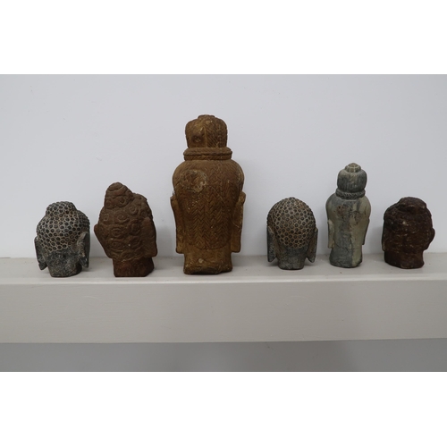 492 - Six stone Buddha heads, different ages and style