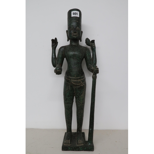 501 - An antique bronze figure, Vishmu Khmer style figure standing, 52cm high