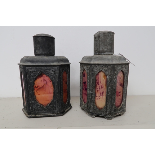 503 - Two antique Chinese pewter and glass tea caddy's, both approx 19cm high