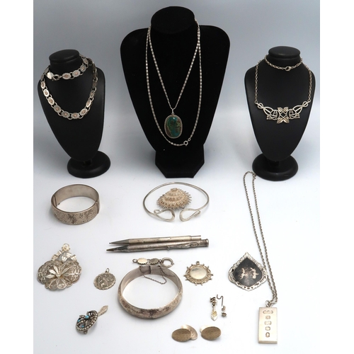 104 - A quantity of Silver dress jewellery, items include, pendants, bracelets Necklace etc. 7.7 Troy Oz I... 