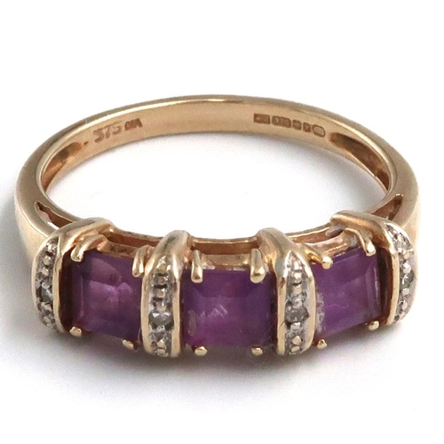 106 - An amethyst and diamond dress ring set in 9ct yellow gold - ring size P - approx weight 3.2 grams