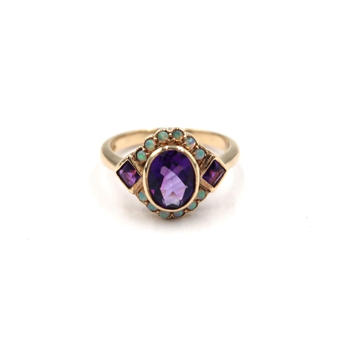 116 - A 9ct yellow gold Art Deco style amethyst and opal ring - amethyst and opals are a good colour and w... 