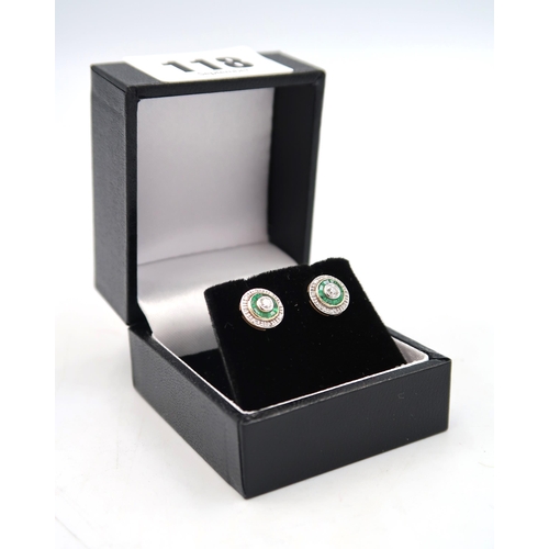 118 - A pair of 9ct yellow gold emerald and diamond earrings - head size approx 9mm diameter