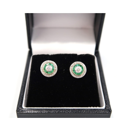 118 - A pair of 9ct yellow gold emerald and diamond earrings - head size approx 9mm diameter