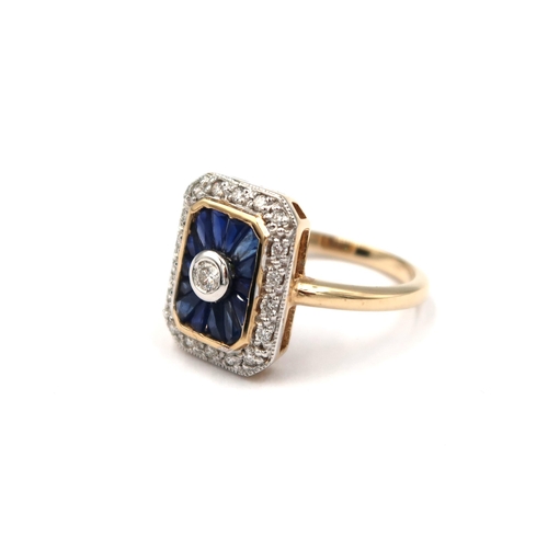 129 - A 9ct yellow gold Art Deco style sapphire and diamond ring - sapphire and diamonds are a good colour... 