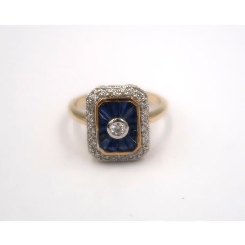 129 - A 9ct yellow gold Art Deco style sapphire and diamond ring - sapphire and diamonds are a good colour... 