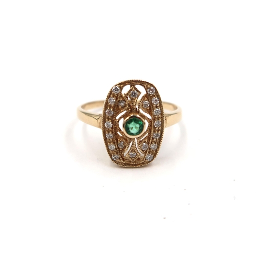 134 - A 9ct yellow gold Art Deco style emerald and diamond ring - head size approx 15mm x 10mm - ring size... 