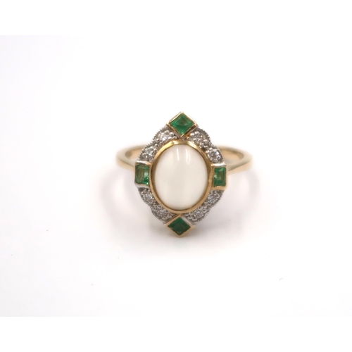 136 - A 9ct yellow gold Art Deco style cats eye moonstone, emerald and diamond ring - head size approx 17m... 