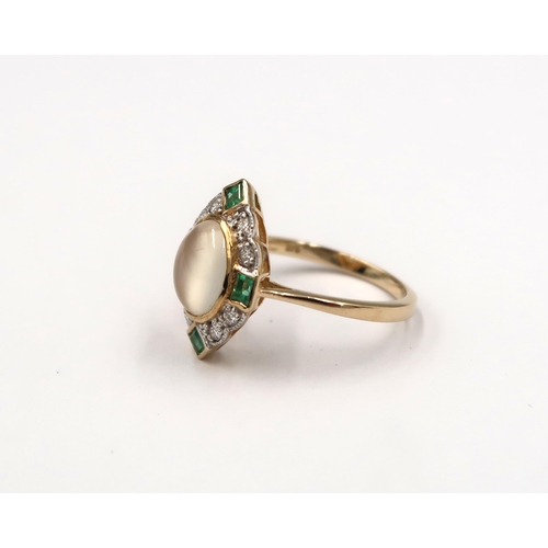 136 - A 9ct yellow gold Art Deco style cats eye moonstone, emerald and diamond ring - head size approx 17m... 