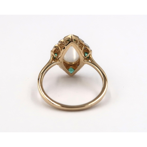 136 - A 9ct yellow gold Art Deco style cats eye moonstone, emerald and diamond ring - head size approx 17m... 