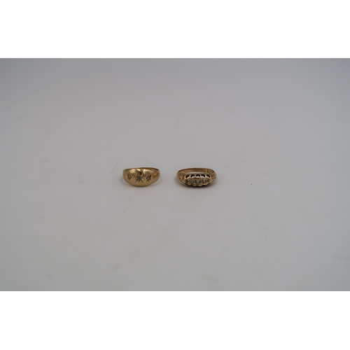 191 - Two hallmarked 18ct yellow gold dress rings - one with three small diamonds to shoulder, ring size K... 