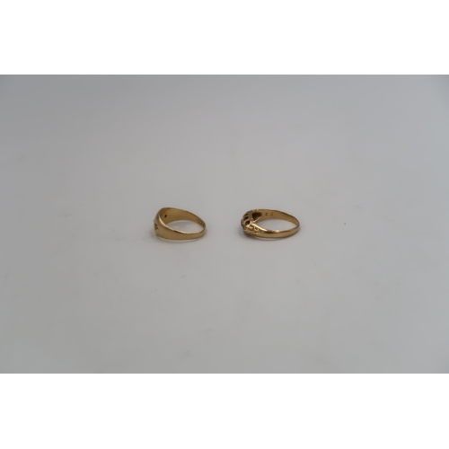 191 - Two hallmarked 18ct yellow gold dress rings - one with three small diamonds to shoulder, ring size K... 