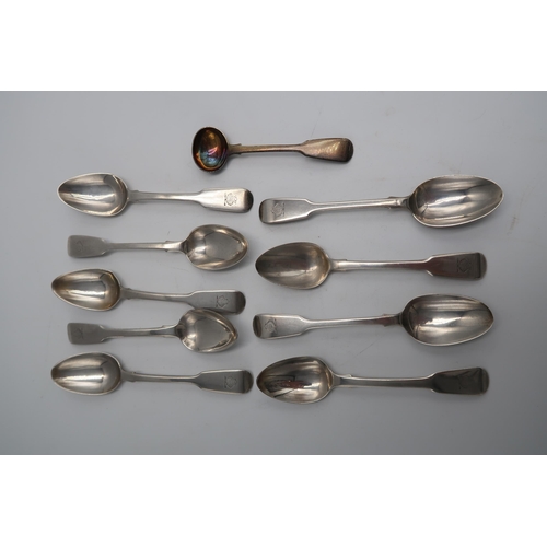 323 - Nine hallmarked silver fiddle back teaspoons London 1840 and a small mustard spoon - total weight ap... 