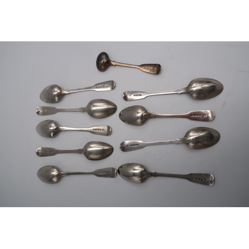 323 - Nine hallmarked silver fiddle back teaspoons London 1840 and a small mustard spoon - total weight ap... 