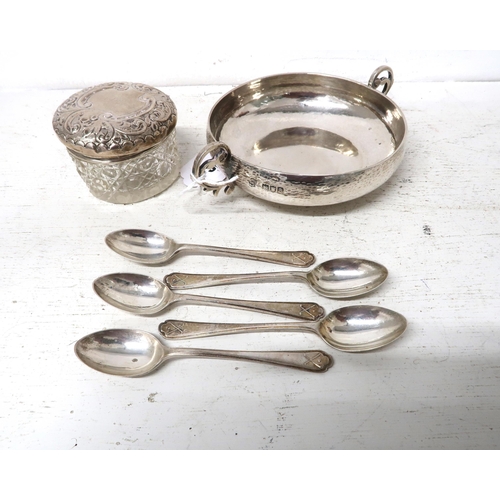 334 - H.M. Silver items including twin handled bowl with hammered finish, five teaspoons, silver topped tr... 