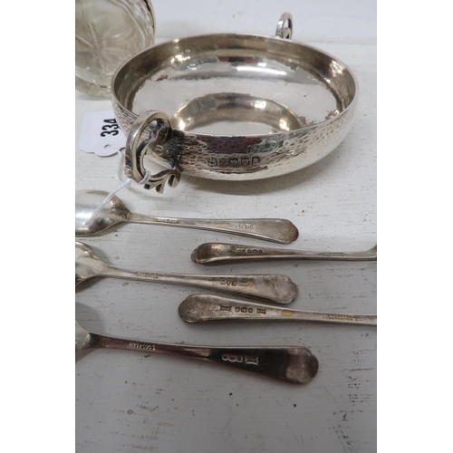 334 - H.M. Silver items including twin handled bowl with hammered finish, five teaspoons, silver topped tr... 