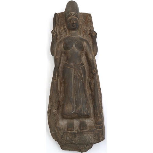 451 - AN Antique black stone figure of Durga Mahisharamardini, Khmer 36 cm high, in good condition