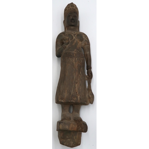 452 - An antique black stone figure, Khmer sculpture, Nang Apsara figure, 40cm high, in good condition