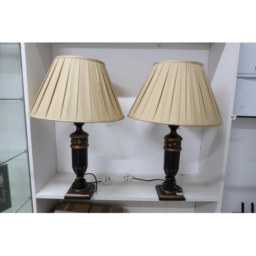 472 - A pair of painted lamps and shades - in working order - Height 76cm