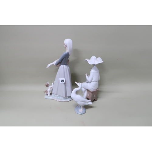 474 - A Lladro girl and goose and dog figurine No 4866, a Lladro Nun sitting sewing embroidery No 5501 and... 