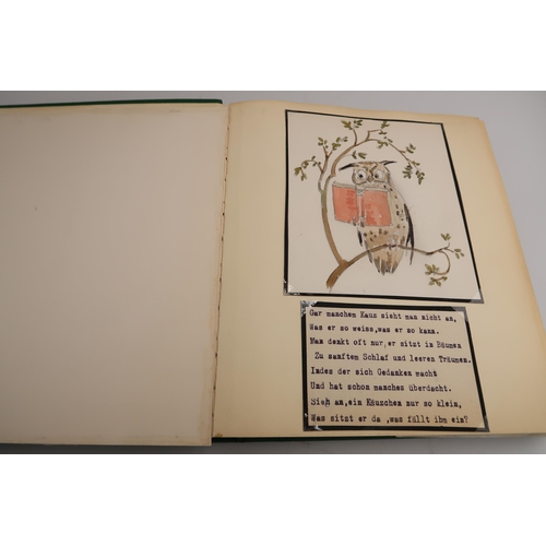 476 - An album containing 37 hand drawn and coloured sketches with script for each in German, dated 1967