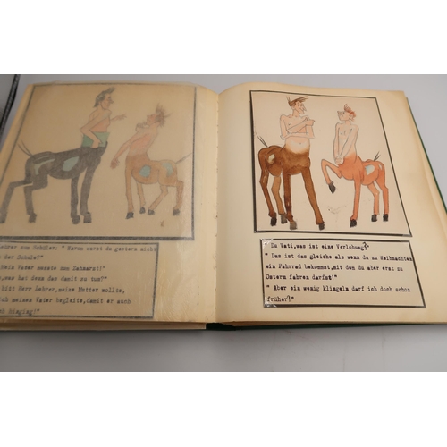 476 - An album containing 37 hand drawn and coloured sketches with script for each in German, dated 1967